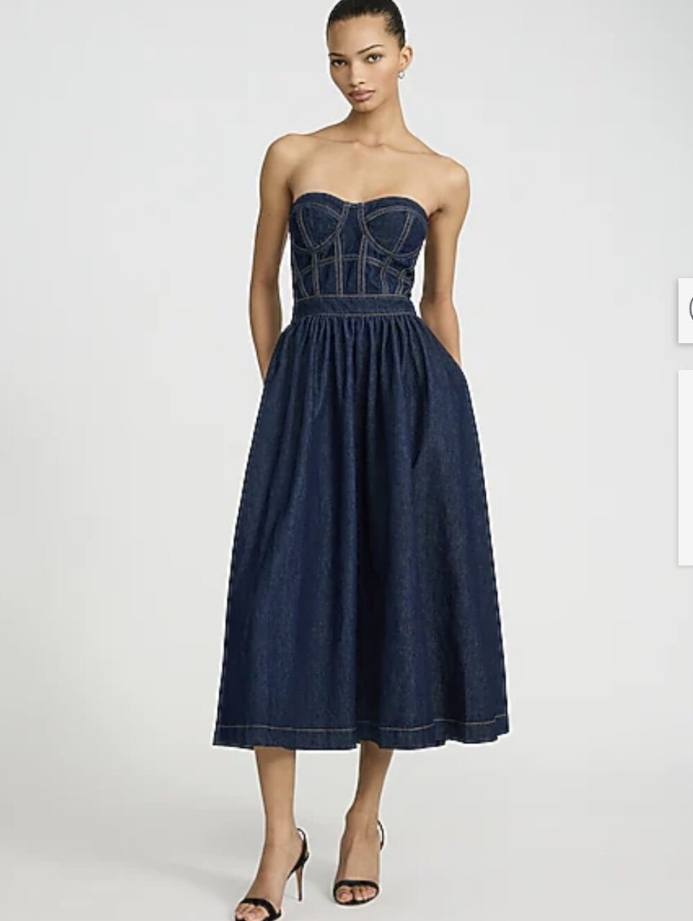 Express Strapless Dark Blue Denim Midi Dress With Pockets